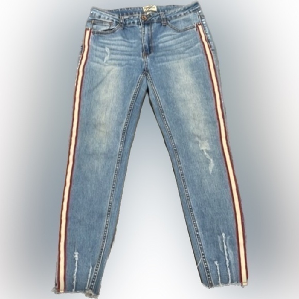 Denim Blvd Los Angeles blue with red/cream striped raw hem denim jeans size 9